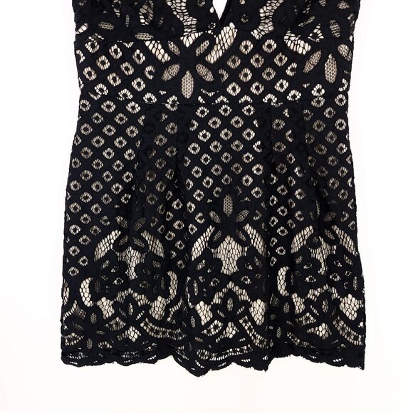 Free People One Million Lovers Mini Dress Size 4 Black Lace Overlay Low V-neck - Picture 12 of 16